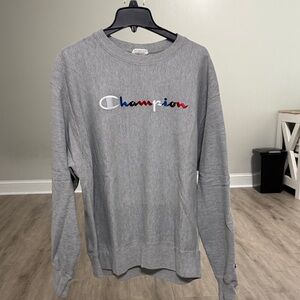 Champion Men's Crewneck Sweater - Gray with Multicolor Logo
